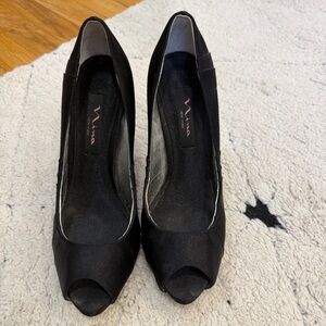Nina Black Peep Toe Heels 7